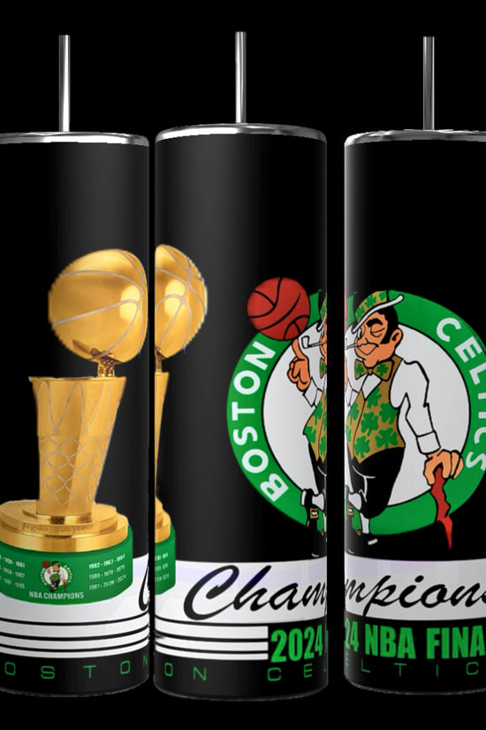Three black, 20 oz capacity Boston Celtics 2024 Winner tumblers by Kreative Kreationz, each with straws and featuring distinct NBA championship designs: one with the Larry O'Brien Trophy, another showcasing the iconic Celtics leprechaun logo, and the third commemorating the 2024 NBA Finals with 
