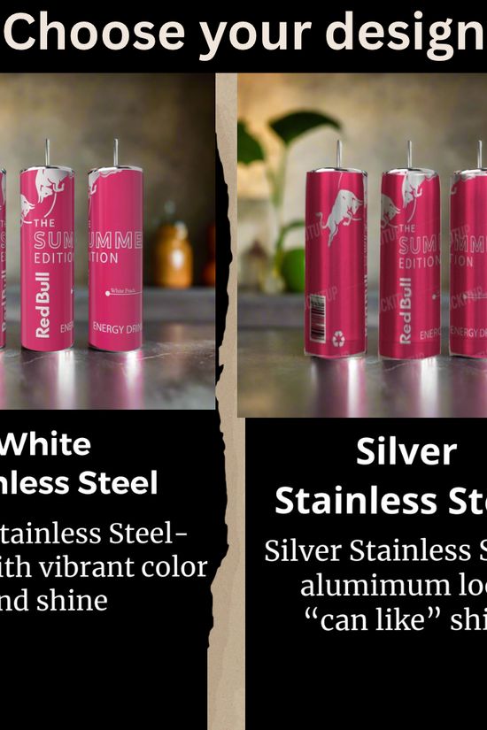Two images of Kreative Kreationz Summer Red Bull White Peach 20oz Tumblers: left shows matte 