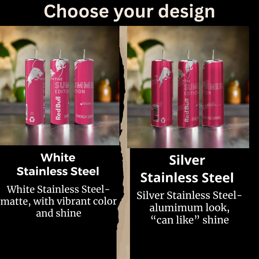 Two images of Kreative Kreationz Summer Red Bull White Peach 20oz Tumblers: left shows matte "White Stainless Steel" with vibrant color; right features shiny "Silver Stainless Steel" for an eco-friendly, aluminum look. Text compares the finishes.