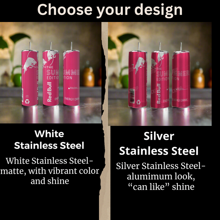 Two images of Kreative Kreationz Summer Red Bull White Peach 20oz Tumblers: left shows matte "White Stainless Steel" with vibrant color; right features shiny "Silver Stainless Steel" for an eco-friendly, aluminum look. Text compares the finishes.