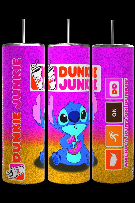 The Stitch Dunkin 20oz Tumbler by Kreative Kreationz is a set of three colorful tumblers with straws, each showcasing a blue cartoon character holding a donut. These tumblers feature the text 