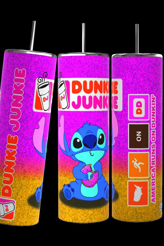 The Stitch Dunkin 20oz Tumbler by Kreative Kreationz is a set of three colorful tumblers with straws, each showcasing a blue cartoon character holding a donut. These tumblers feature the text 