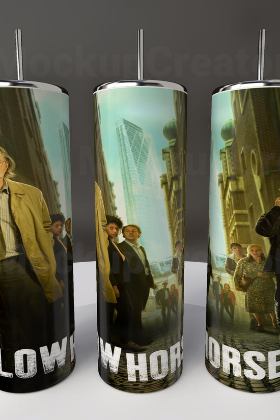 The Slow Horses 20oz Stainless Steel Tumblers by Kreative Kreationz feature urban scenes with people, cityscapes, and greenery. They prominently display the words 