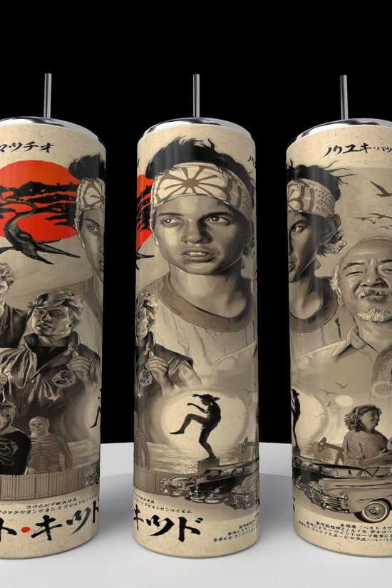 Kreative Kreationz offers a set of three Kobra Kai 20oz Stainless Steel Tumblers with a vintage martial arts theme. Each features characters like a martial artist and mentor, with Japanese and English text, red sun with birds, and beach scenes evoking classic Kobra Kai styles.