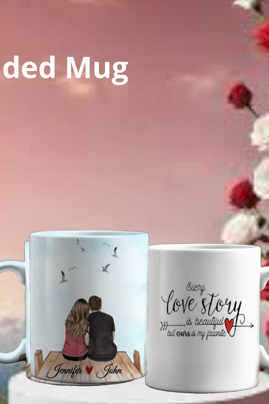 The Kreative Kreationz Personalized Couples Ceramic Mug showcases a couple on a pier, birds and 