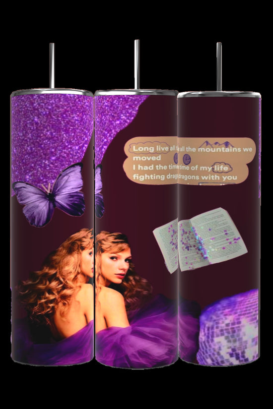 The Speak Now Taylor Swift Fanart 20oz Tumbler by Kreative Kreationz showcases a stunning rich purple theme with a butterfly motif, sequined textures, and an image of a woman wrapped in purple fabric. A text overlay reads, 