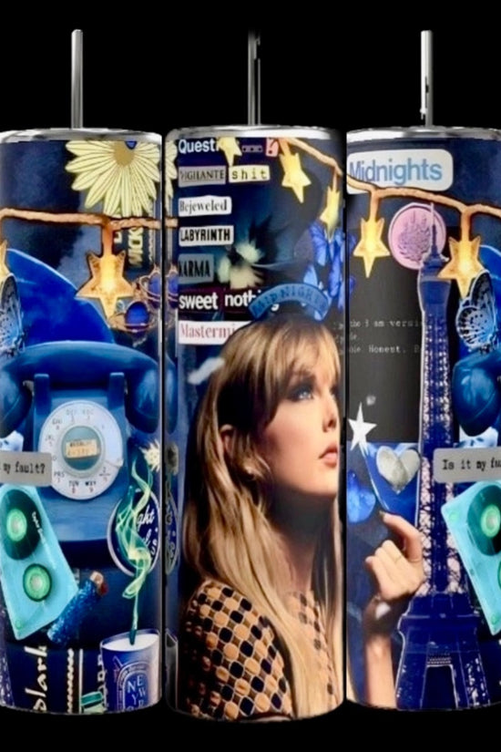 The Midnights Taylor Swift 20oz Skinny Tumbler by Kreative Kreationz is a stainless steel eco-friendly drinkware with a collage design featuring a woman, the Eiffel Tower, records, flowers, and text like 
