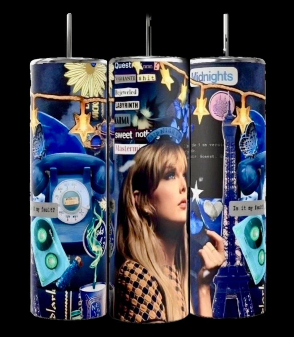 The Midnights Taylor Swift 20oz Skinny Tumbler by Kreative Kreationz is a stainless steel eco-friendly drinkware with a collage design featuring a woman, the Eiffel Tower, records, flowers, and text like "Midnights" and "Quest" in a dreamy blue-yellow palette.