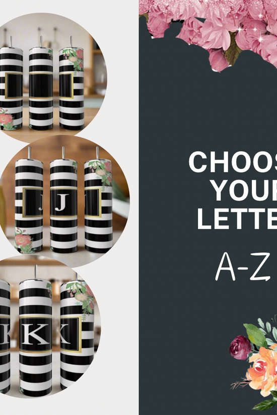 Three images show black and white striped candles with gold monogram letters (L, J, K) and florals. On the right: 