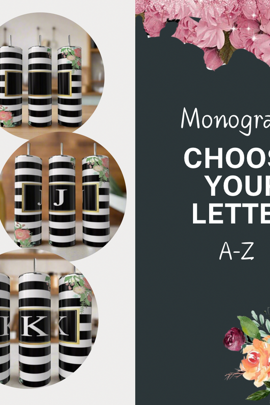 Three images of Kreative Kreationz Monogram Kate Spade Spring 20oz Skinny Tumblers with black and white stripes, floral accents, and gold-bordered monogram letters A-Z. Text: 