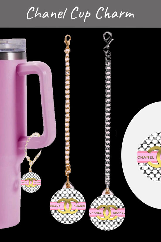 The Chanel Charm Dangle | Cup Accessory by Kreative Kreationz is shown on a pink tumbler with straw, featuring close-ups that highlight its unique pink and gold Chanel-inspired design. Durable and waterproof, it adds flair to your cup.