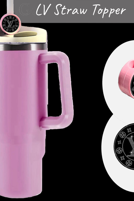 The tall pink tumbler with handle boasts the luxurious Kreative Kreationz LV Straw Topper. This black round straw topper features intricate white patterns and branded initials, enhancing the Stanley tumbler. A close-up showcases the topper next to the tumbler.