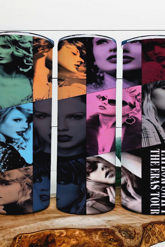 Three Taylor Swift ERAS 20oz Tumblers by Kreative Kreationz showcase artistic portraits of her in different colors, featuring 