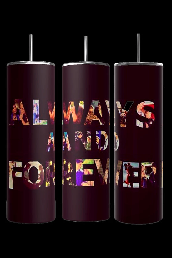 Three cylindrical Dua Lipa Photo Collage 20oz Tumblers by Kreative Kreationz are decorated with repeated images of a woman with light-colored hair, wearing a pearl necklace and glamorous makeup. One of the tumblers appears to have a signature saying, 