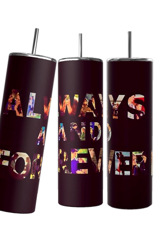 Three cylindrical Dua Lipa Photo Collage 20oz Tumblers by Kreative Kreationz are decorated with repeated images of a woman with light-colored hair, wearing a pearl necklace and glamorous makeup. One of the tumblers appears to have a signature saying, 