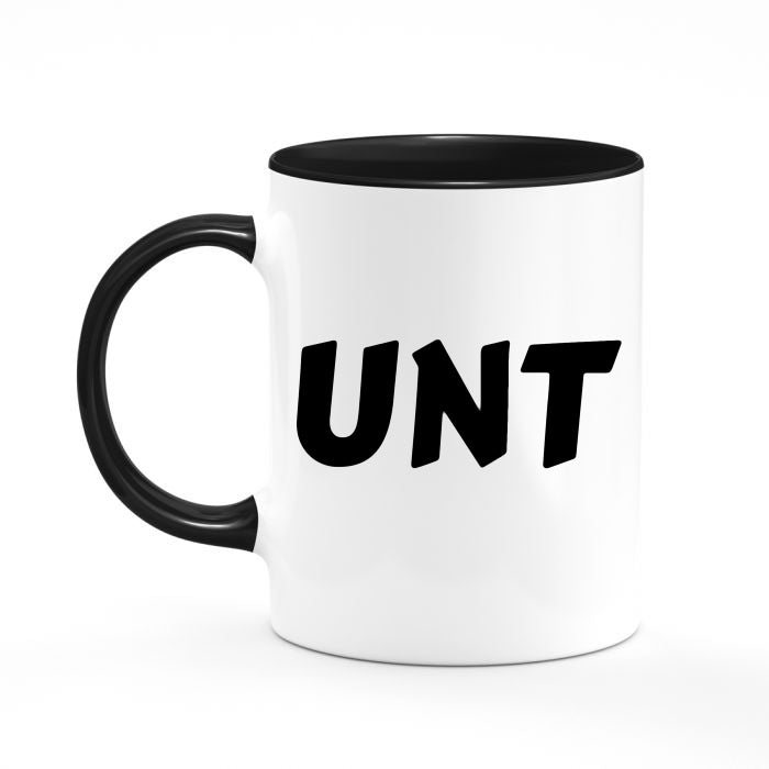 The Kreative Kreationz UNT Ceramic Mug features a bold design with "UNT" in black letters, plus a sleek black handle and rim.