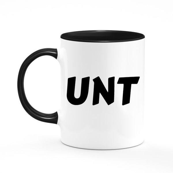 The Kreative Kreationz UNT Ceramic Mug features a bold design with "UNT" in black letters, plus a sleek black handle and rim.