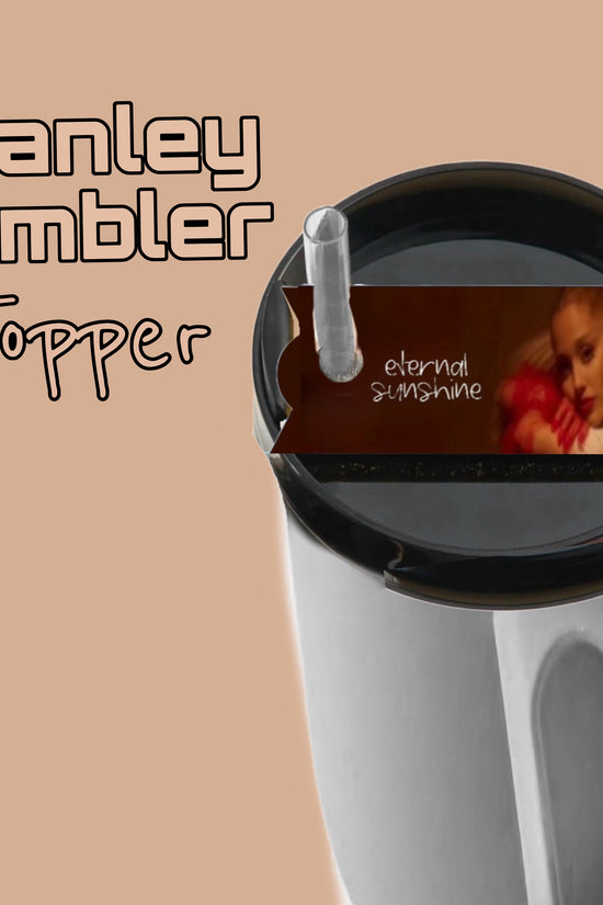 A Kreative Kreationz Ariana Grande Eternal Sunshine Stanley Lid Topper with a sepia-toned image and red accent fits your stainless steel Stanley tumbler with a clear straw. Text: 