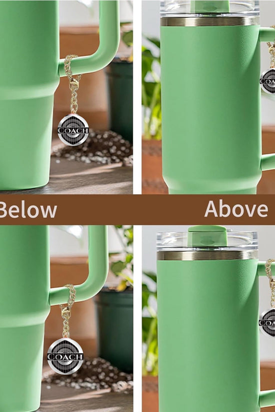 Four images of the Coach Charm Dangle | Cup Accessory by Kreative Kreationz on a green tumbler handle, featuring unique designs. Two show the charm “Below” (bottom of handle) and two show “Above” (top of handle).