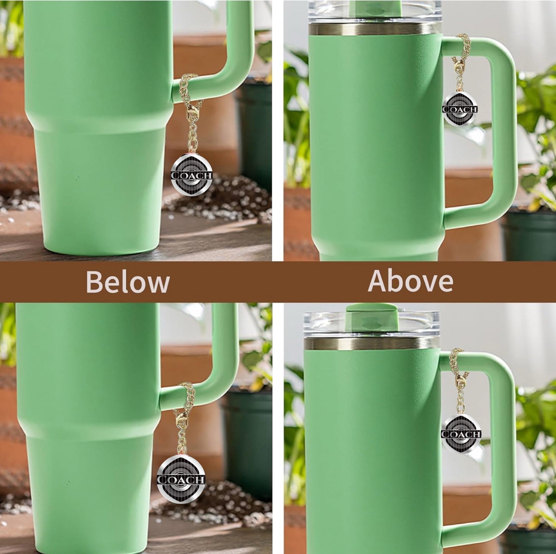 Four images of the Coach Charm Dangle | Cup Accessory by Kreative Kreationz on a green tumbler handle, featuring unique designs. Two show the charm “Below” (bottom of handle) and two show “Above” (top of handle).