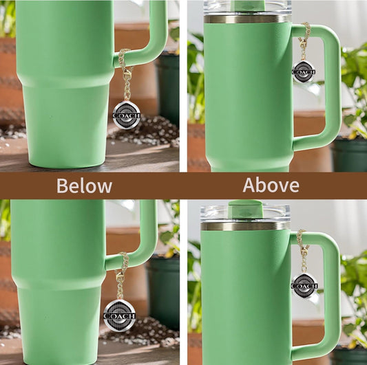 Four images of the Coach Charm Dangle | Cup Accessory by Kreative Kreationz on a green tumbler handle, featuring unique designs. Two show the charm “Below” (bottom of handle) and two show “Above” (top of handle).