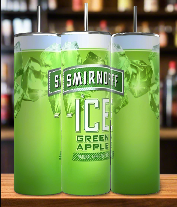 Three Kreative Kreationz Smirnoff Ice 20oz Tumblers with metal straws feature a Green Apple design, filled with green liquid and ice, set against a blurred bar—stylish reusable drinkware for any occasion.
