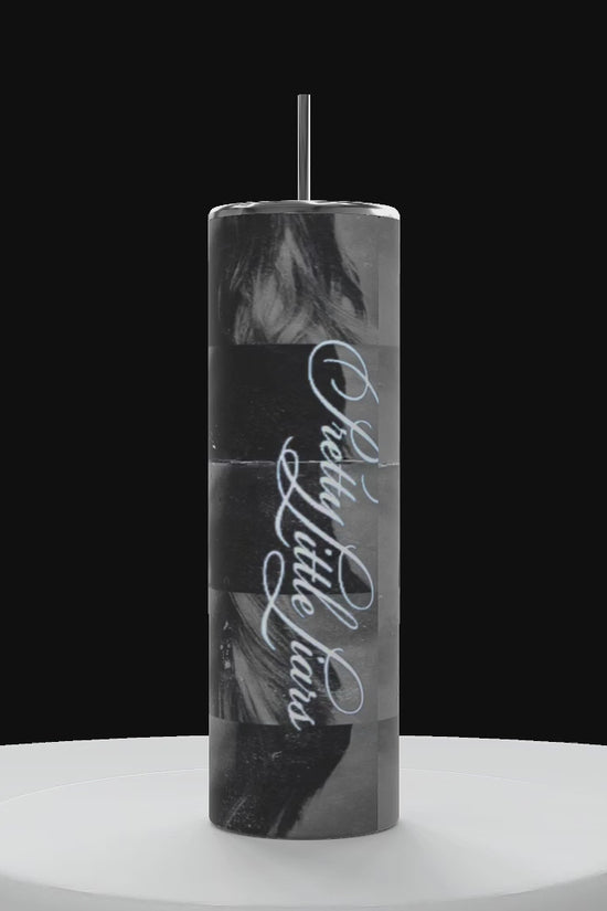 A cylinders on a white pedestal with a black background, tall cylinder, spinning, counterclockwise, showcasing, showing all sides of 20 ounce Tumbler with four females, the title pretty little liars down the side of the cylinder in text the pretty little liars cast with their fingers to their lips in a shh motion 