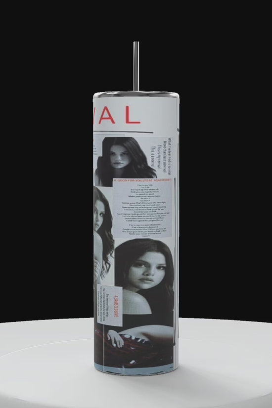 Three cylindrical displays resembling stylish tumblers showcasing various images of Selena Gomez and text excerpts from an album called 