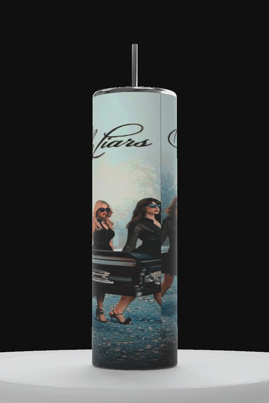 A cylinders on a white pedestal with a black background, tall cylinder, spinning, counterclockwise, showcasing, showing all sides of 20 ounce Tumbler with four females, the title pretty little liars at the top in text the pretty little liars cast carrying a coffin