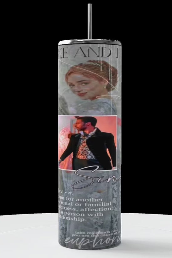 Three cylindrical tumblers feature scenes from a romantic Bridgerton a Netflix drama drama. These personalized cups display images of a man and Daphne dressed in period attire, interacting affectionately. Text on the tumblers includes the words 
