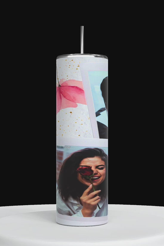 tall tumbler showing 360 degree angle with selena gomes